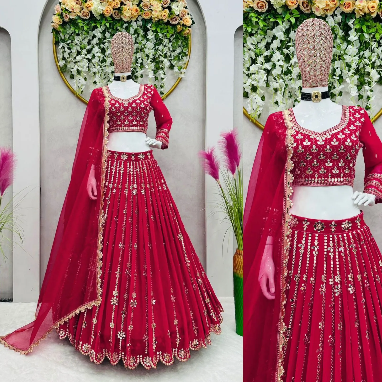 Beautiful Women Party wear 9mm Sequence Red Lehenga choli with Dupatta Suit 